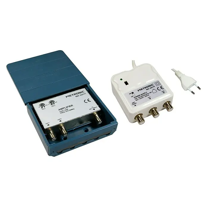 Metronic Amplificador de conexión doméstico 2 entradas UHF - x 2, L x An x Al: 9 x 15 x 28 cm, Azul