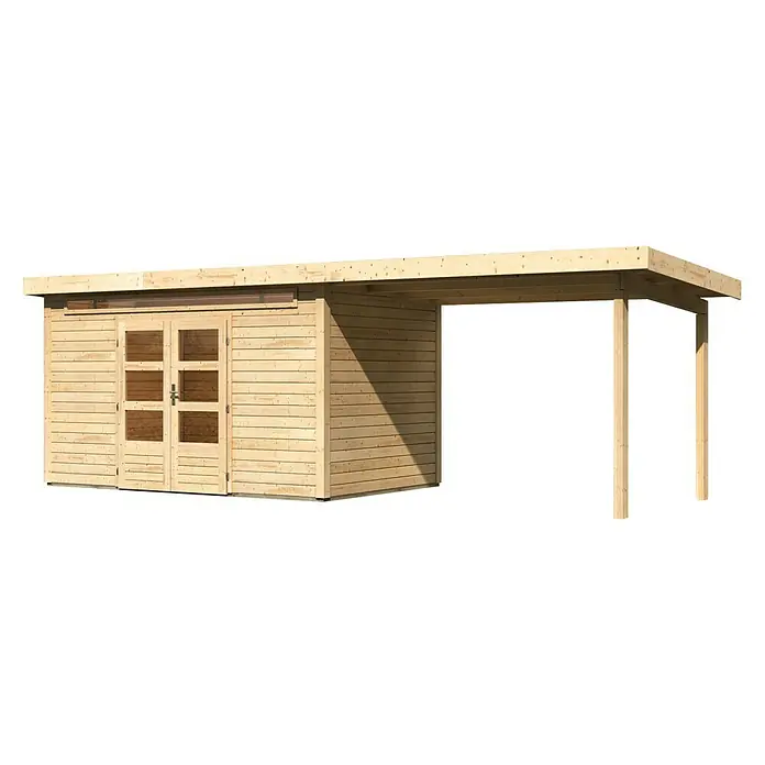 Karibu Gartenhaus Kandern 7 - 364 x 244 cm, Wandstärke: 28 mm, Flachdach, Ausführung: Mit Anbau - Linke Seitenansicht