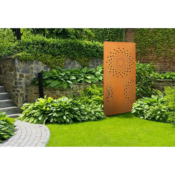 Palatino Space Vertical Sichtschutzelement Orbis - 87 x 180 cm, Cortenstahl, Motiv: Kreis, Edelrost - Stimmungsaufnahme