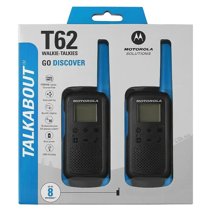Motorola Solutions Walkie Talkie Talkabout T62 - Reichweite ca.: 8 km, Blau/Schwarz - Vorderansicht