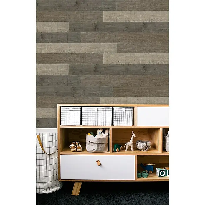 Houten paneel Woodland - Grenen, 90 x 12,8 cm, Mix Grey, Zelfklevend