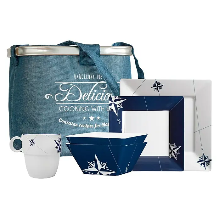 Marine Business Northwind Set de vajilla - 24 piezas, Plástico, Blanco, Azul, Cuadrado
