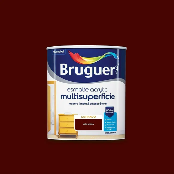 Bruguer Esmalte de color Acrylic Multisuperficie - Rojo Grana, 750 ml, Satinado