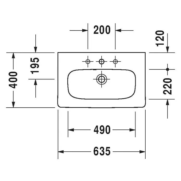 Duravit DuraStyle Waschtisch Typ 1 - 63,5 x 40 cm, Ohne Spezialglasur, Hahnloch: Mitte, Mit Überlauf, Weiß - Skizze