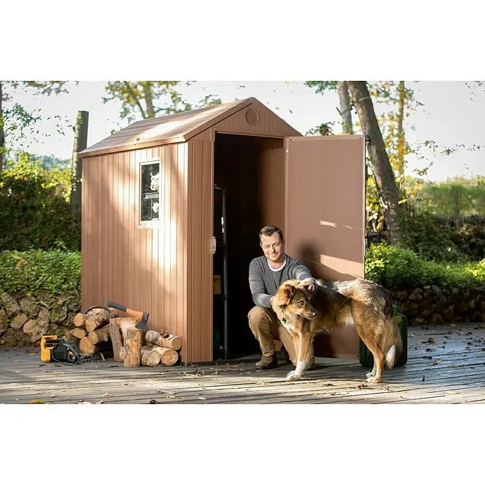 Keter Caseta para jardín Darwin 4x6 - Ancho exterior incluido el voladizo del techo: 125,8 cm, Profundidad exterior incluido el voladizo del techo: 190 cm, Plástico, Marrón