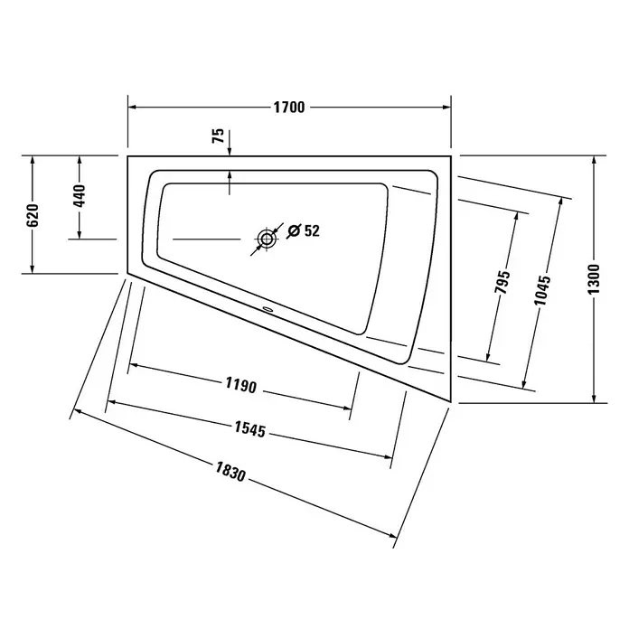 Duravit Badewanne Paiova - 170 x 130 cm, Raumecke Rechts, Sanitäracryl, Weiß - Vorderansicht