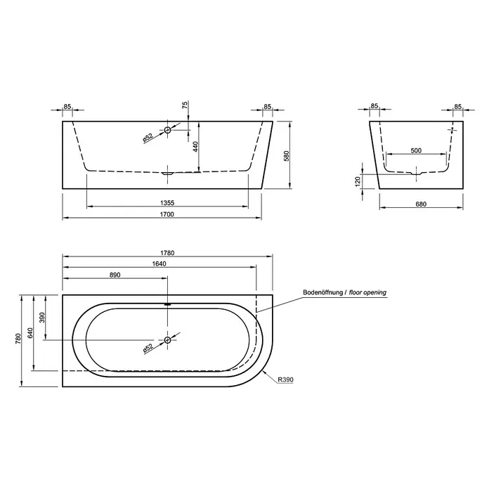 Ottofond Freistehende Badewanne Siesta Corner - Rechtsseitig, 178 x 78 cm, Sanitäracryl, Schwarz/Weiß