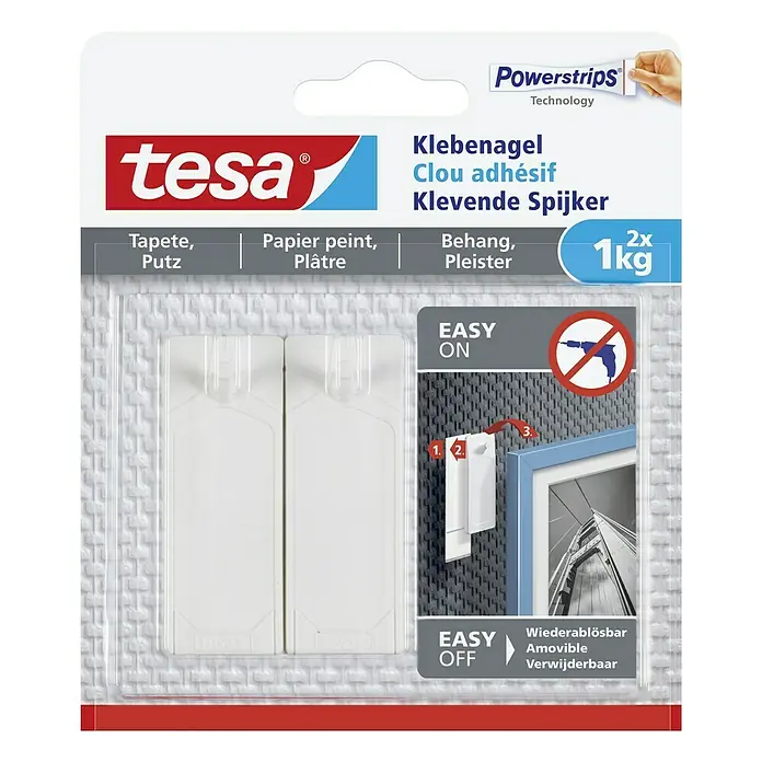Tesa Klebenagel - Geeignet für: Tapeten, Belastbarkeit: 1 kg, 2 Stk., Weiß - Vorderansicht