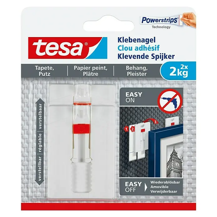 Tesa Verstellbarer Klebenagel - Geeignet für: Tapeten, Belastbarkeit: 2 kg, 2 Stk., Weiß - Vorderansicht