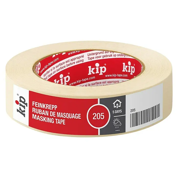 Kip Feinkreppband 205 - Selbstklebend, 50 m x 36 mm x 0,13 mm, Temperaturbeständigkeit: Bis 80 °C - Vorderansicht