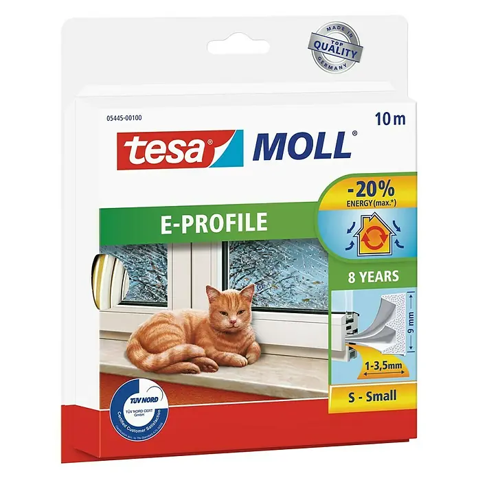 Tesa MOLL E-Rillenprofildichtung - Weiß, 10 m x 9 mm x 4 mm, Geeignet für: Spaltenbreiten 1 - 3,5 mm - Vorderansicht