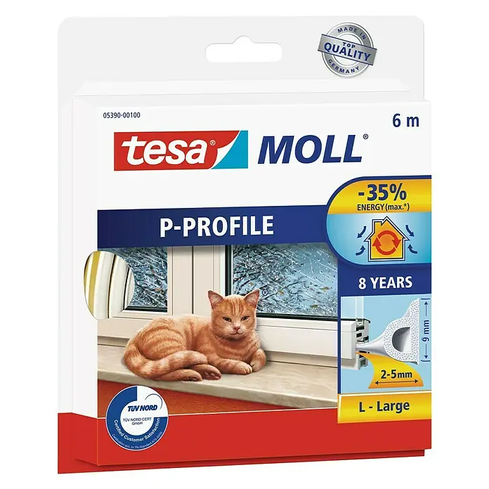 Tesa MOLL P-Profildichtung - Weiß, 6 m x 9 mm x 5,5 mm, Geeignet für: Spaltenbreiten 2 - 5 mm - Vorderansicht