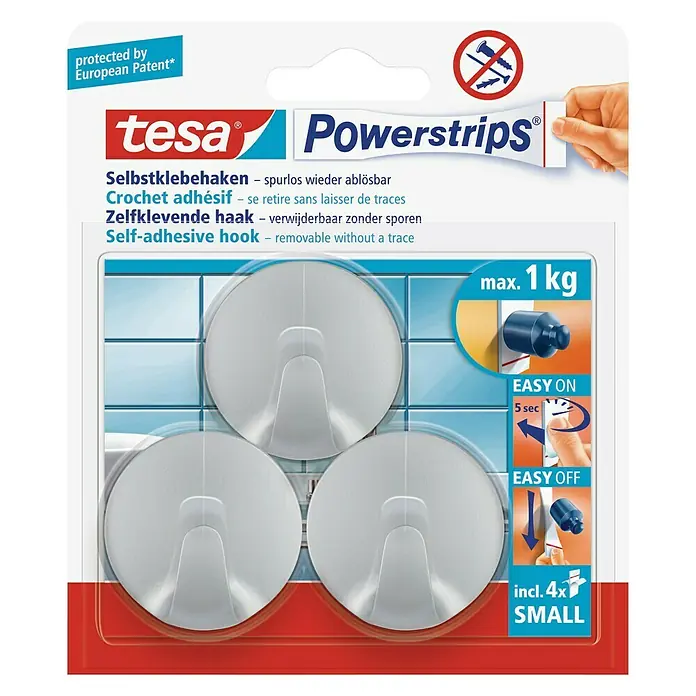 Tesa Powerstrips Zelfklevende haak - Rond, Grootte: S, Mat chroom, 3 st.