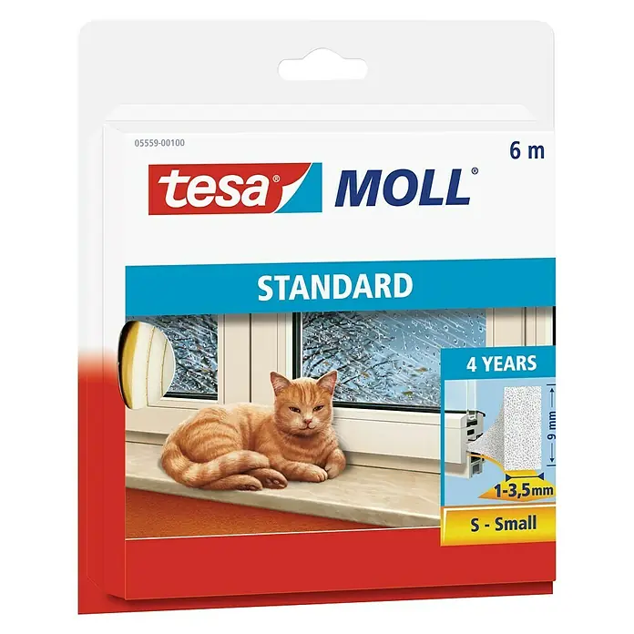 Tesa MOLL Dichtungsstreifen Standard I-Profil - Weiß, 6 m x 9 mm x 4 mm, Geeignet für: Spaltenbreiten 1 - 3,5 mm - Vorderansicht