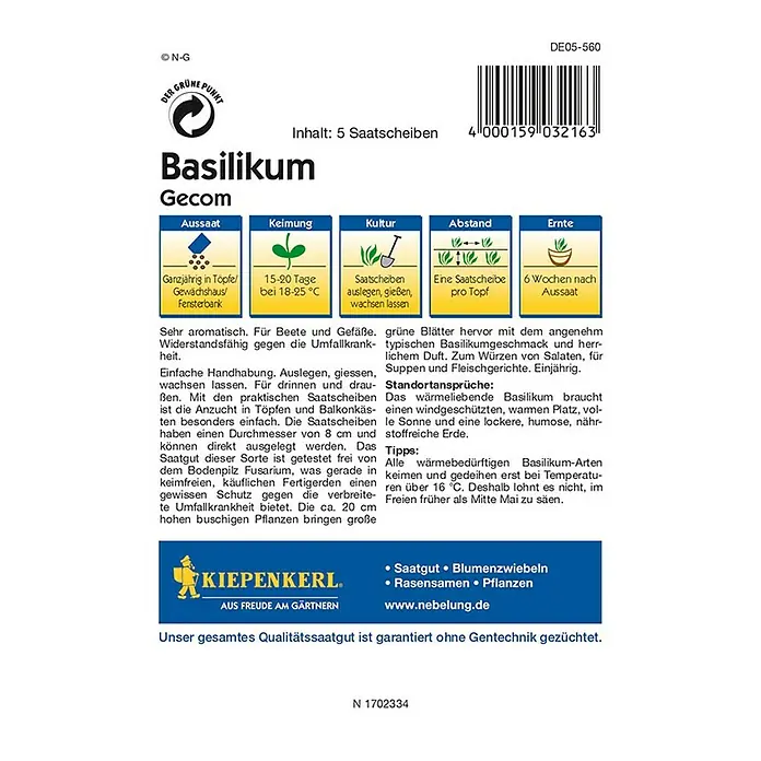Kiepenkerl Profi-Line Kräutersamen Basilikum - Ocimum basilicum Gecom, Saatzeit: Ganzjährig, Erntezeit: Ganzjährig - Rückansicht