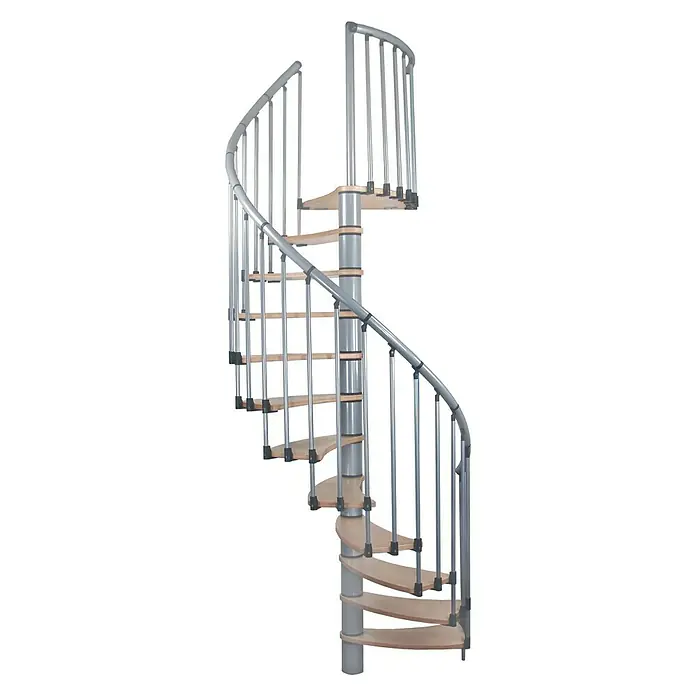 Minka Systemspindeltreppe Wave Plus - Durchmesser: 140 cm, Silber, Farbe Stufen: Birke Natur, Geschosshöhe: 280 cm - Vorderansicht
