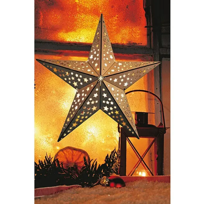 Estrella navideña LED - 10 luces, Madera, Diámetro: 40 cm, Marrón, Blanco cálido
