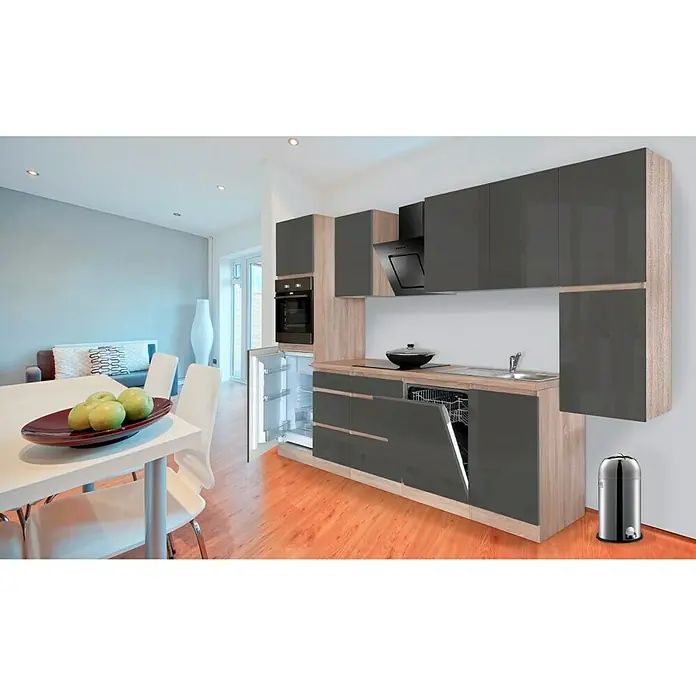 Respekta Premium Küchenzeile GLRP330HESG - Breite: 330 cm, Mit Elektrogeräten, Grau Hochglanz