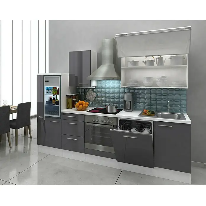 Respekta Küchenzeile Premium RP280WGC - L x B x H: 280 x 60 x 200 cm, Weiß, Grau Hochglanz