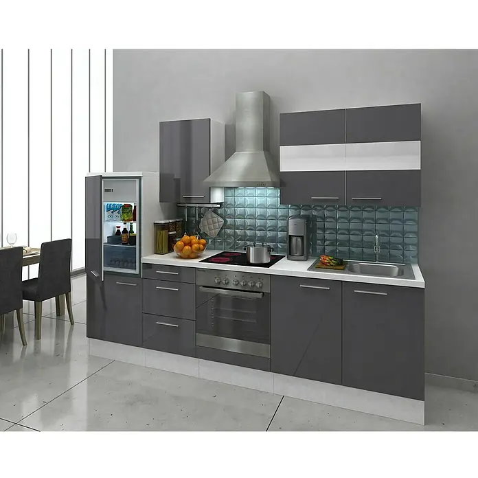 Respekta Küchenzeile Premium RP270WGC - L x B x H: 270 x 60 x 200 cm, Weiß, Grau Hochglanz