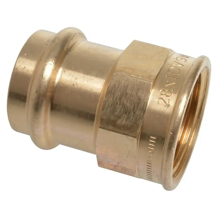 Press-Übergangsmuffe - Durchmesser: 28 mm, Innengewinde: 1″, Presskontur: V - Vorderansicht