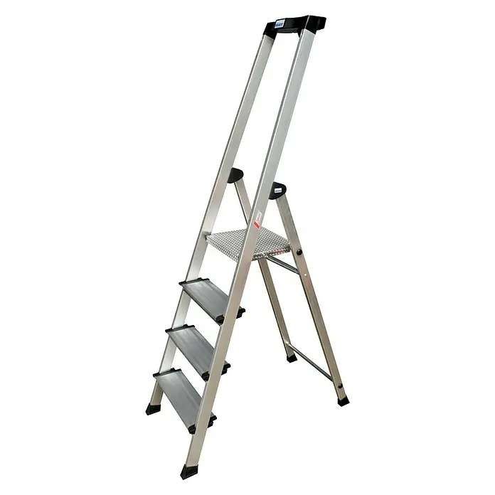Krause PlusLine Stufenstehleiter Safety - Arbeitshöhe: 2,85 m, Anzahl Tritte: 4 Stufen, Tiefe Stufen: 125 mm, Aluminium - Linke Seitenansicht