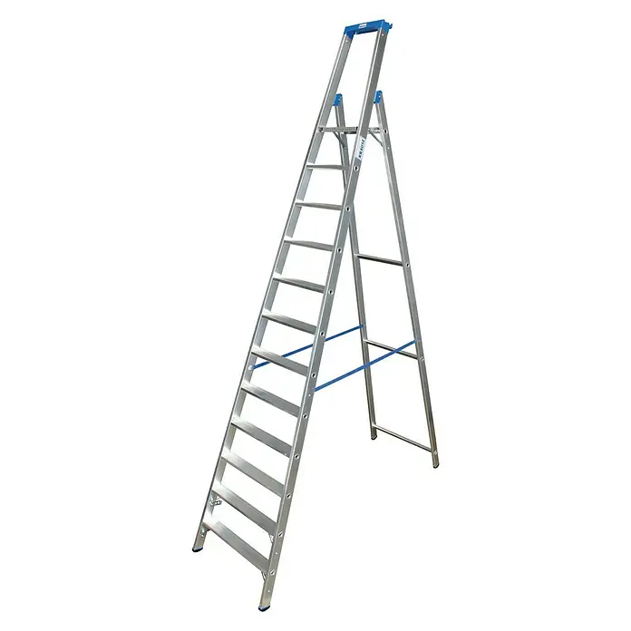 Krause Stabilo Stufenstehleiter - Arbeitshöhe: 4,8 m, Anzahl Tritte: 12 Stufen, Tiefe Stufen: 80 mm, Aluminium - Linke Seitenansicht