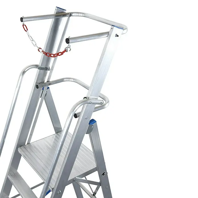 Krause Stabilo Stufenstehleiter - Arbeitshöhe: 4,1 m, 9 Stufen, Aluminium, Sicherheitsbügel - Detailaufnahme