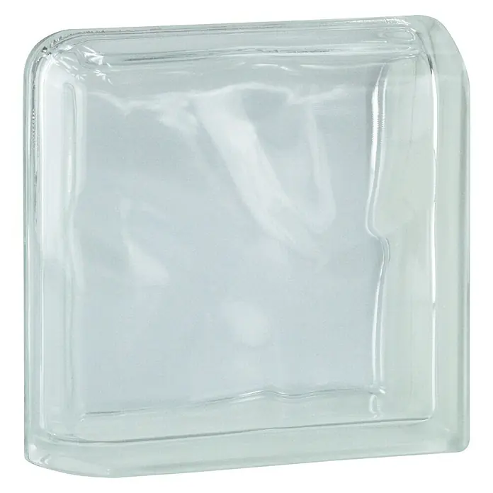 Fuchs Design Bloque de vidrio Neutro terminal curvo - Claro, Nube, 19 x 19 x 8 cm, Ladrillo de cristal final doble - Vista de perfil izquierdo