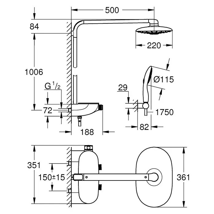 Grohe Duschsystem Rainshower SmartControl 360 - Mit Thermostatarmatur, Lochabstand: 100,6 cm, Anzahl Strahlarten: 3 Stk., Chrom