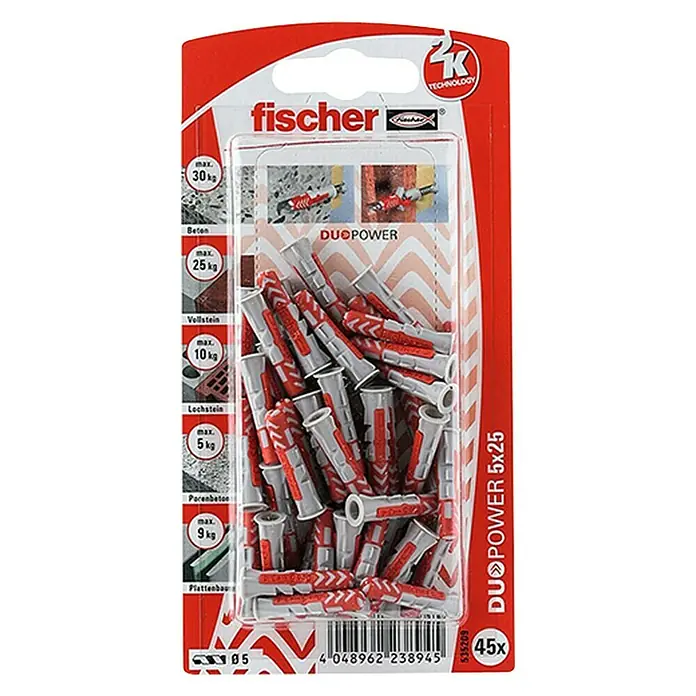 Fischer Universaldübel Duopower - Durchmesser Dübel: 5 mm, Länge Dübel: 25 mm, 45 Stk., Mit Rand, Alle Baustoffe - Vorderansicht