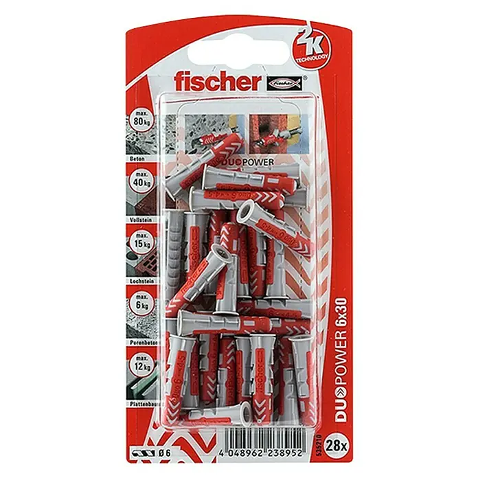 Fischer Universaldübel Duopower - Durchmesser Dübel: 6 mm, Länge Dübel: 30 mm, 28 Stk., Mit Rand, Alle Baustoffe - Vorderansicht