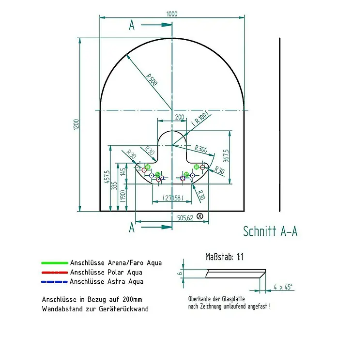 Justus Glasbodenplatte B3 - 120 x 100 cm, Gebogen, Mit Ausschnitt, Passend für: Justus Kaminofen Faro Aqua - Ansicht von oben