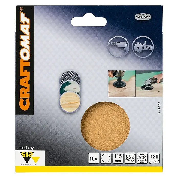 Craftomat Set listova za brušenje - Promjer: 115 mm, 10 Kom., Granulacija: 120 - Pogled sprijeda