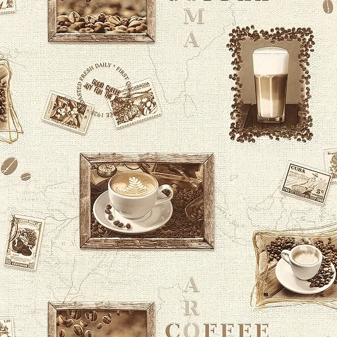 Rasch Papiertapete Coffee - Braun/Erdtöne/Taupe, Motiv, 10,05 x 0,53 m - Vorderansicht