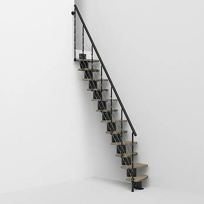 Fontanot Raumspartreppe Zen 2 Tube - Breite: 61 cm, Schwarz, Anzahl Steigungen: 13 Stk., Farbe Stufen: Birke Ulme Hell, Geschosshöhe: 250 cm - 304 cm - Vorderansicht