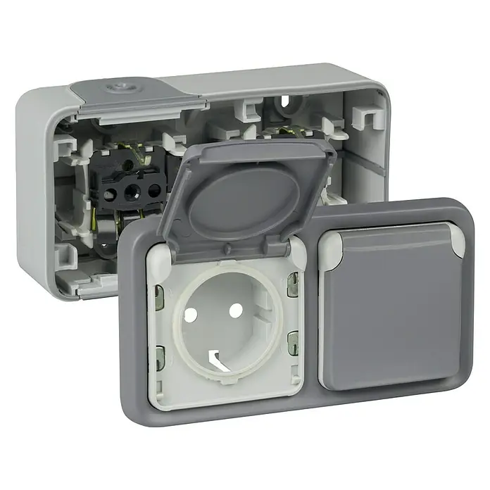 Legrand Enchufe para estancias con humedad doble Plexo - Gris, 2 Polos + Toma Tierra, Plástico, En pared