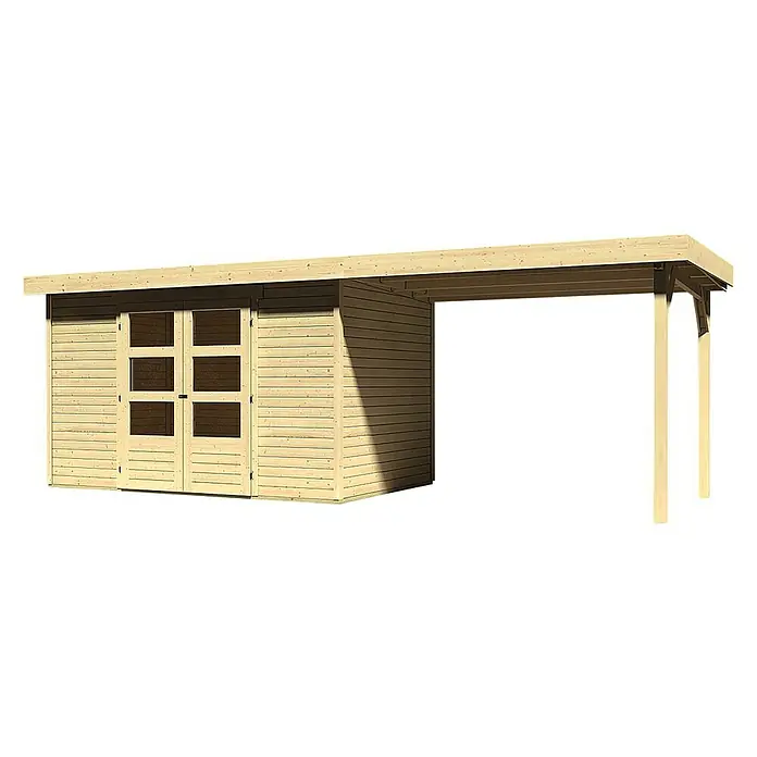 Karibu Gartenhaus Askola - L x B: 217 x 557 cm, Wandstärke: 19 mm, Flachdach, Natur, Mit Anbau - Linke Seitenansicht
