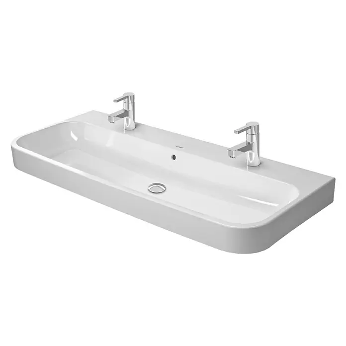 Duravit Happy D.2 Doppelwaschtisch - 120 x 50,5 cm, Mit schmutzabweisender Glasur, Anzahl Hahnlöcher: 2, Mit Überlauf, Weiß, Geschliffen - Vorderansicht