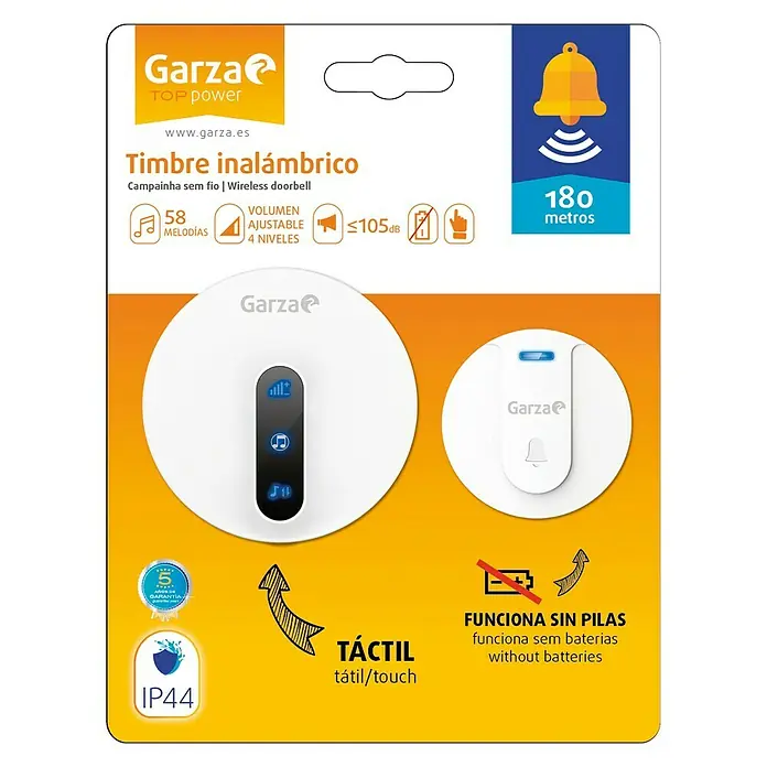 Garza Juego de timbre inalámbrico táctil - Alcance: 180 m, 105 dB, Funciona con pilas, IP44