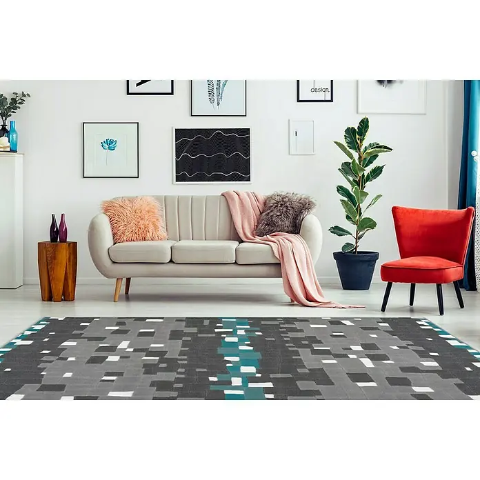 Kayoom Kurzflorteppich Vancouver 210 - Grau/Türkis, 170 x 120 cm, 100 % Polypropylen - Stimmungsaufnahme