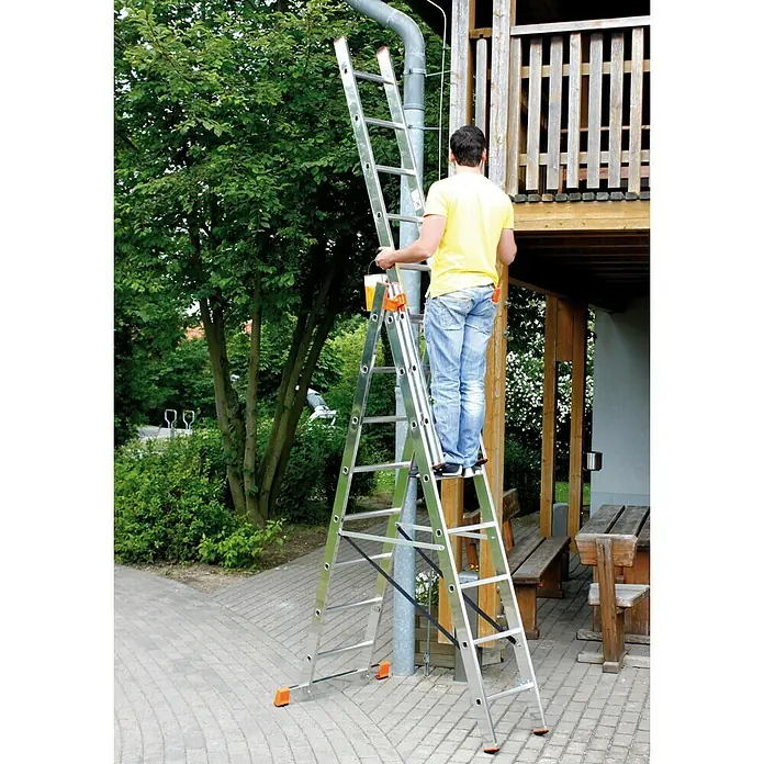 Krause Monto Višenamjenske ljestve na izvlačenje - Funkcija stepenica, Radna visina: 6,05 m, 3 x 8 prečki, Aluminij - Proizvod u upotrebi