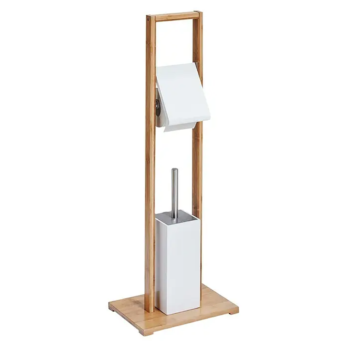 Conjunto de escobillero y portarrollos Bambú - Altura: 82 cm, Blanco/Bambú