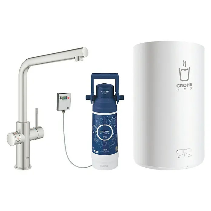 Grohe Spültischarmatur Red II Duo - L-Auslauf, Boiler: Größe L, Edelstahloptik - Vorderansicht