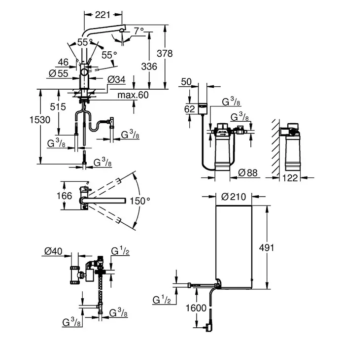 Grohe Spültischarmatur Red II Duo - L-Auslauf, Boiler: Größe L, Edelstahloptik - Vorderansicht