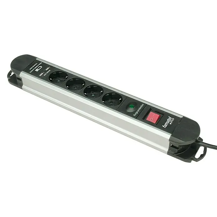 Famatel Base de enchufe múltiple con USB - Número de enchufes Schuko: 4 ud., Negro/Plateado, 1,5 m, 3.680 W