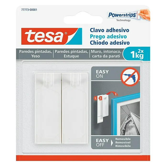 Tesa Clavo adhesivo - Apto para: Paredes pintadas, Carga soportada: 1 kg, 2 uds., Blanco