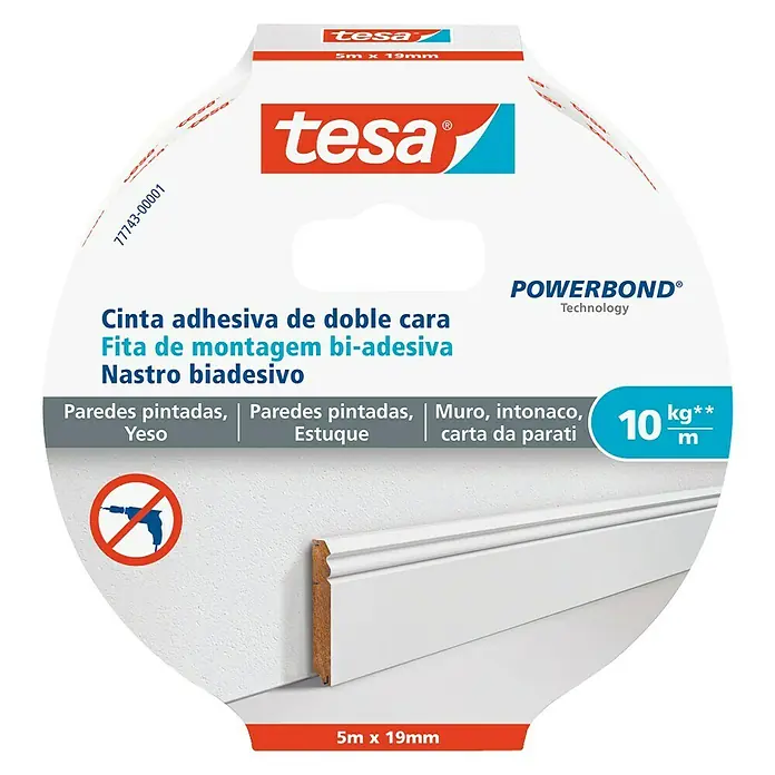 Tesa Powerbond Cinta de doble cara Paredes pintadas/Yeso - L x An: 5 m x 1,9 cm, Blanco