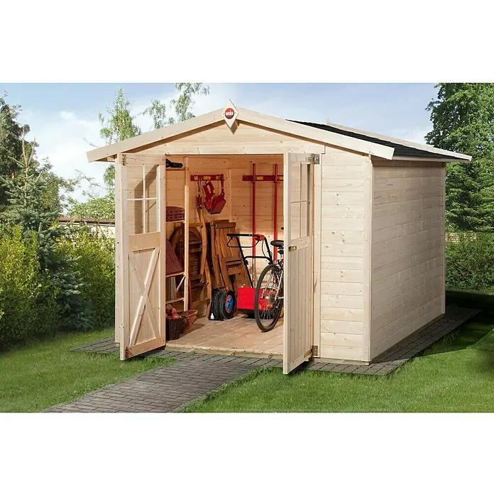 Weka Gerätehaus Classic - Außenbreite inkl. Dachüberstand: 290 cm, Außentiefe inkl. Dachüberstand: 273 cm, Holz, Natur - Stimmungsaufnahme