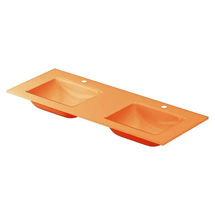 Lavabo doble Cristal - 121 x 46 cm, Orificios para grifo: Medio, Naranja, Vidrio - Vista angular